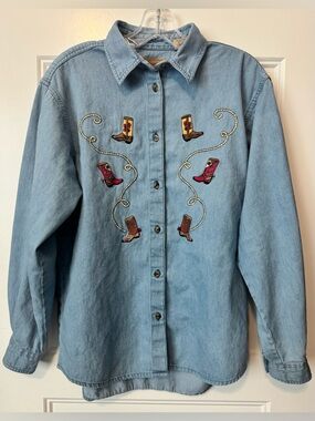 Vintage Gordon Denim Western Shirt Embroidered Cowboy Boots Chambray Size L
